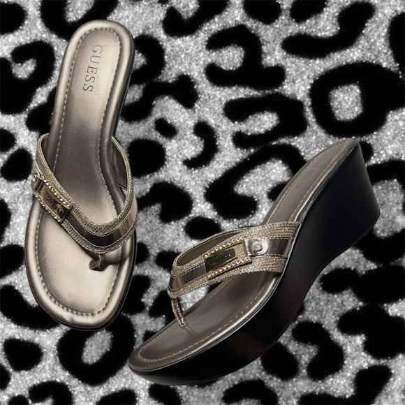 Guess Women's Gold and Silver Wedge Platform Sandals - Picture 1 of 7